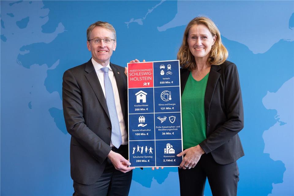 Schleswig-Holsteins Ministerpräsident Daniel Günther und Finanzministerin Silke Schneider planen das größte Investitionspaket in der Landesgeschichte.Ulrich Perrey/dpa