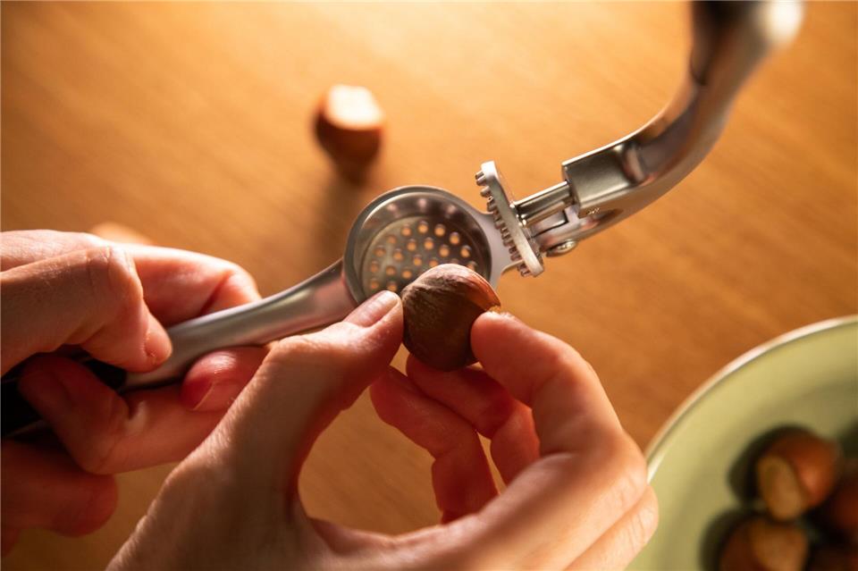 Schritt 1: Haselnuss in die Knoblauchpresse legen.Christin Klose/dpa-tmn