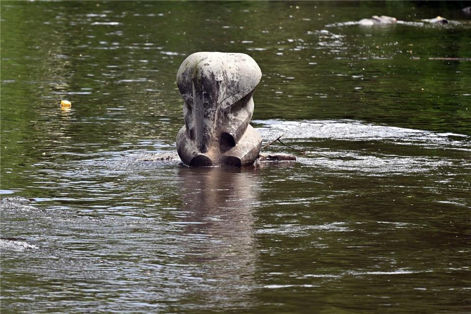 Tuffi-Bilder im Museum - Foto vom Elefantensturz gab es nie Seit 2020 erinnert mitten in der Wupper eine Skulptur an Tuffi.Federico Gambarini/dpa