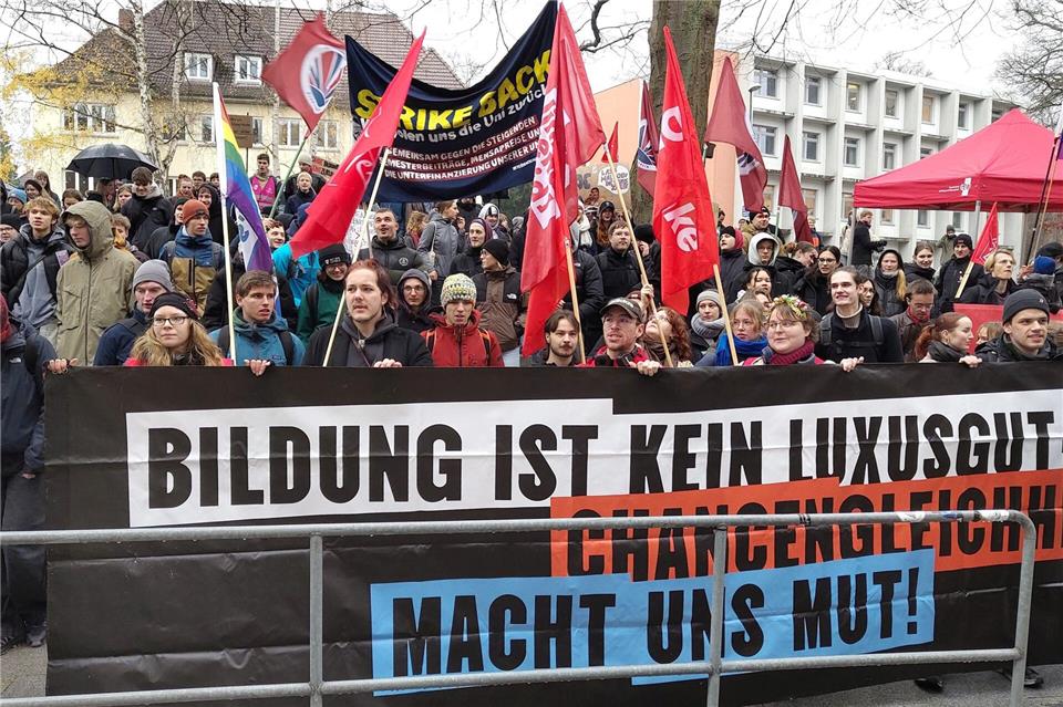 Sie zeigen den Landtagsabgeordneten ihre Meinung: Studenten in Kiel.Felix Müschen/dpa