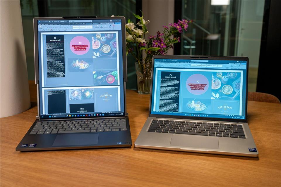 Sieht komisch aus, ist aber praktisch: Der ausgefahrene Bildschirm des Thinkbooks im Vergleich zu einem normalen 14-Zoll-Notebook.Nico Tapia/dpa-tmn