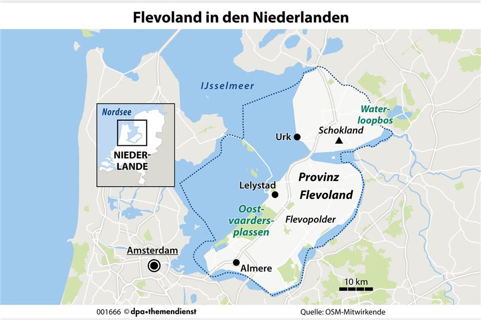 Sinnbild für den Kampf gegen das Wasser: In Flevoland kann man heute Naturschutz und moderne Architektur erleben. dpa-infografik/dpa-tmn