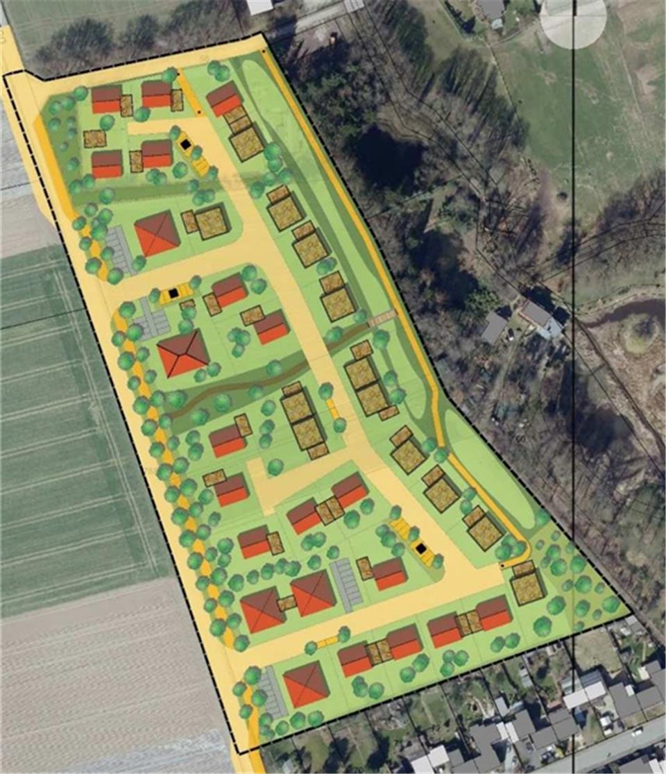 So könnte das neue Baugebiet einmal aussehen. Bevor erschlossen werden kann, müssen aber die nördlich gelegenen Tennisplätze verlegt werden.