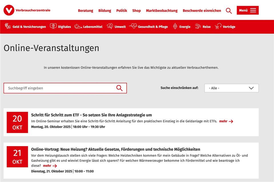 Zuschauen und lernen: Gratis-Onlinekurse für Verbraucher So sieht die neue Übersichtsseite aus.verbraucherzentrale.de/dpa-tmn
