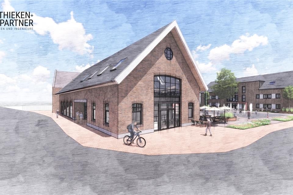 So soll das Dorfgemeinschaftshaus von der Kreuzung zu sehen sein. Bei der Optik orientierten sich die Architekten an der Gestaltung der ehemaligen Scheune an dieser Stelle.
