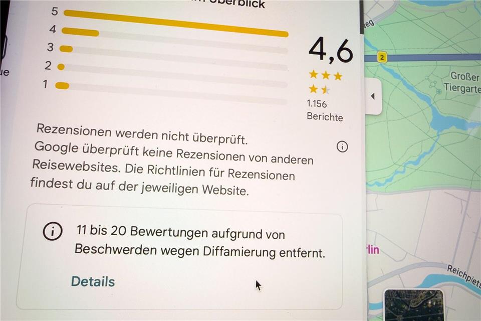 Spannende Spanne: So sieht der Hinweis von Google aus, wenn Rezensionen wegen Verleumdungsbeschwerden gelöscht worden sind.Nico Tapia/dpa-tmn