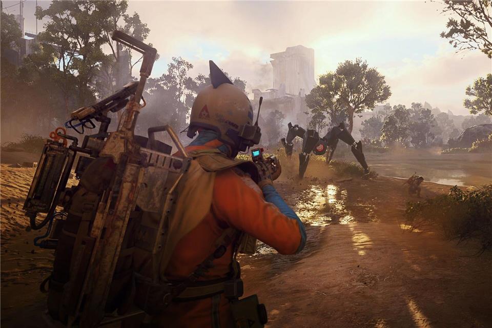 Spinnenartige Arcs, die vom Himmel regnen, sind die Hauptgegner im Spiel.-/Embark Studios/dpa-tmn