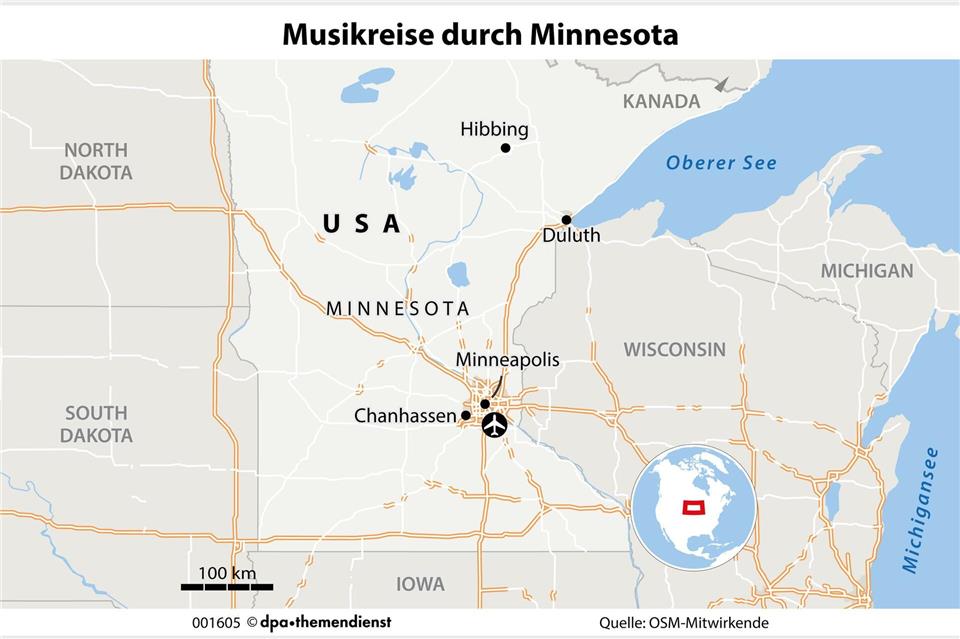 Spurensuche: Die Musikidole Bob Dylan und Prince sind in Minnesota geboren - ihre Wege waren ganz unterschiedlich.dpa-infografik GmbH/dpa-tmn