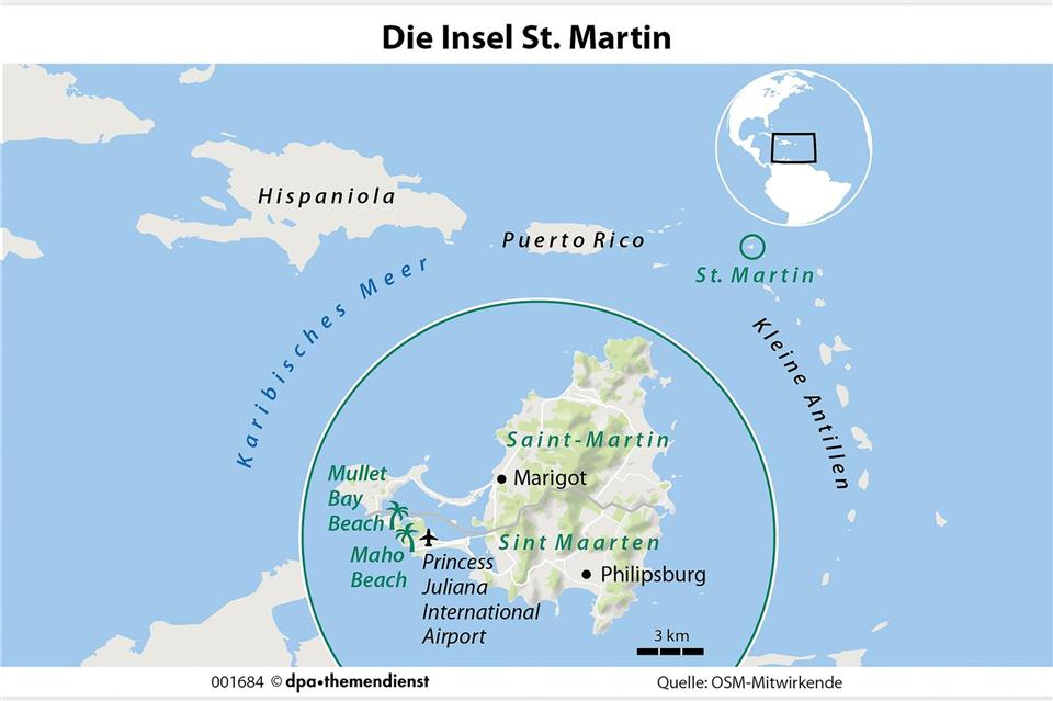 St. Martin heißt die Insel, ihr nördlicher Teil Saint-Martin, der südliche Sint Marteen.dpa-infografik/dpa-tmn