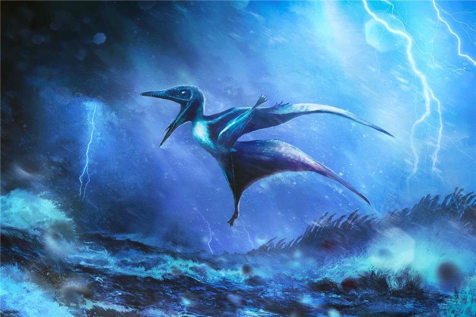 Starke Windböe brechen die zarten Knochen: Künstlerische Darstellung eines kleinen Pterodactylus-Babys in einem Tropengewitter.Rudolf Hima/EurekAlert/dpa