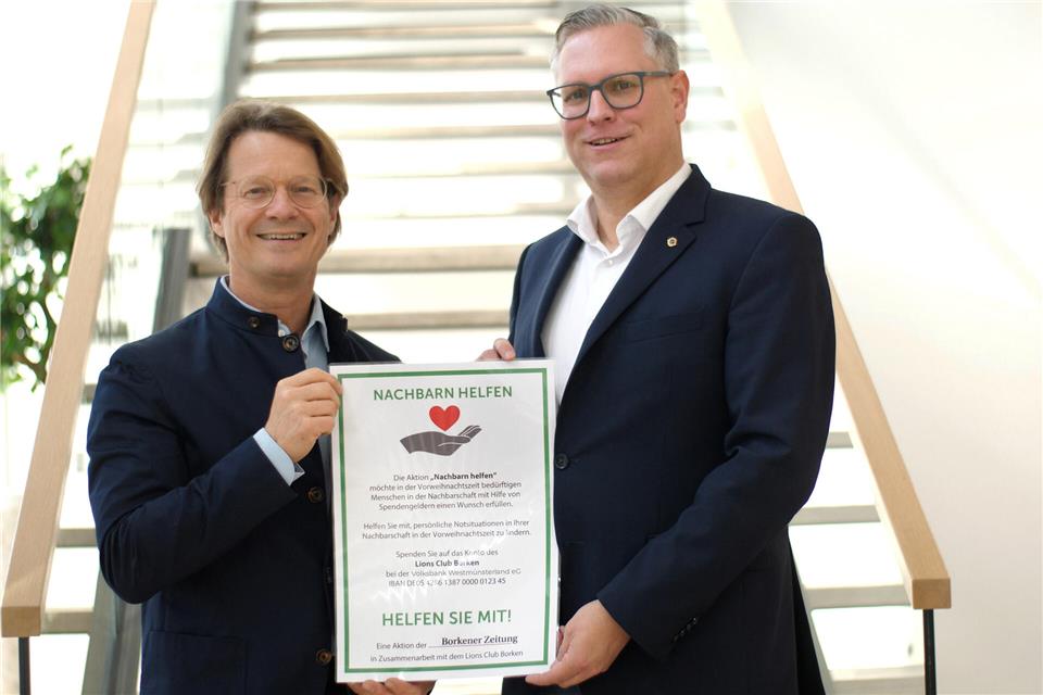 25 Jahre gelebte Nachbarschaftshilfe – Spendenaktion geht in die nächste Runde Stephan Schmidt (links) und Dirk Langela rufen zur nächsten Runde „Nachbarn helfen“ auf. Die Spendenaktion der Borkener Zeitung und des Lions Clubs gemeinsam mit der Caritas hat mittlerweile Tradition.