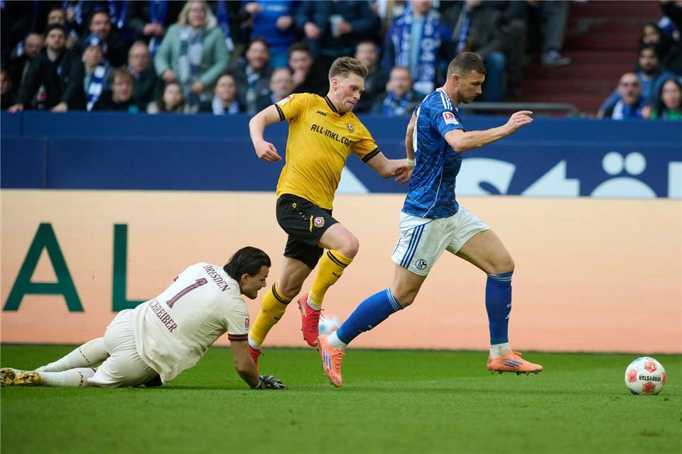 Stürmer-Star Edin Džeko verfehlte bei seinem Startelf-Debüt für Schalke 04 das leere Tor.Bernd Thissen/dpa