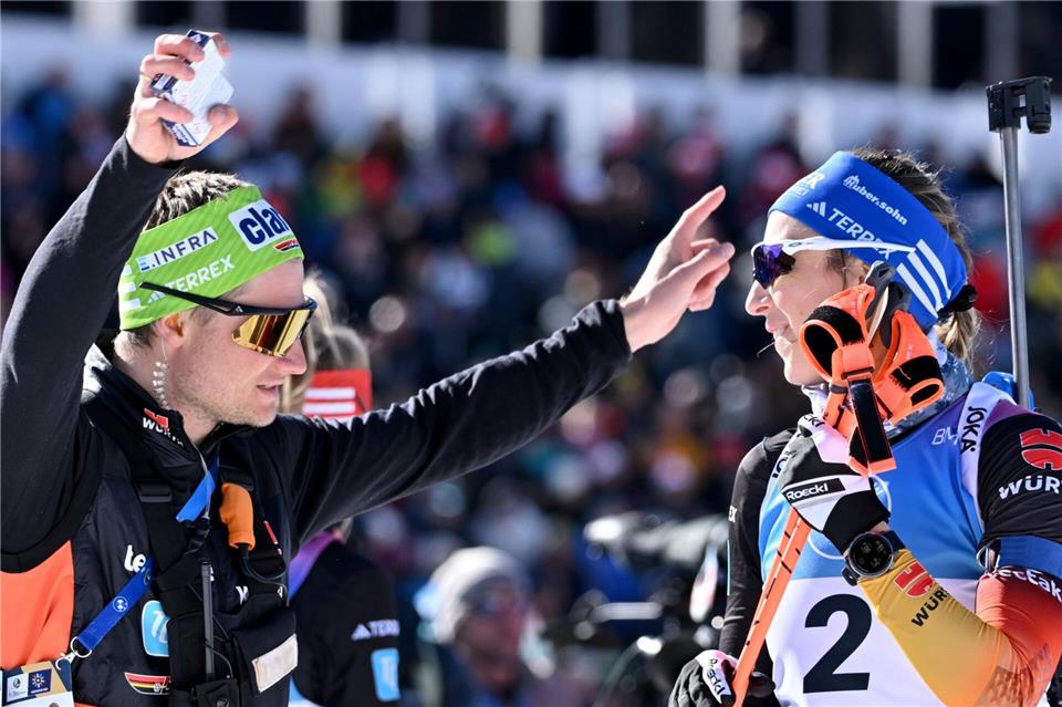 Sverre Olsbu Röiseland und Franziska Preuß bei der vergangenen WM in der Schweiz. (Archivbild)Martin Schutt/dpa