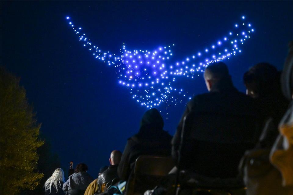 Synchronisierte Drohnen zauberten verschiedene Lichtbilder an den Himmel.Jens Kalaene/dpa