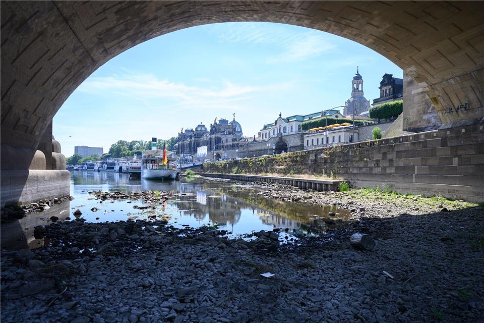 Trockene Böden, niedrige Grundwasserspiegel und niedrige Flusspegel, wie hier an der Elbe in Dresden: Ein Experte fordert, genau zu erfassen, wer in Deutschland wie viel Wasser nutzt. (Archivbild)Robert Michael/dpa