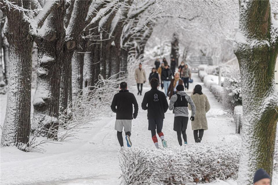 Trotz Glätte und Frost genießen viele Menschen den Wintereinbruch in Hamburg.Markus Scholz/dpa