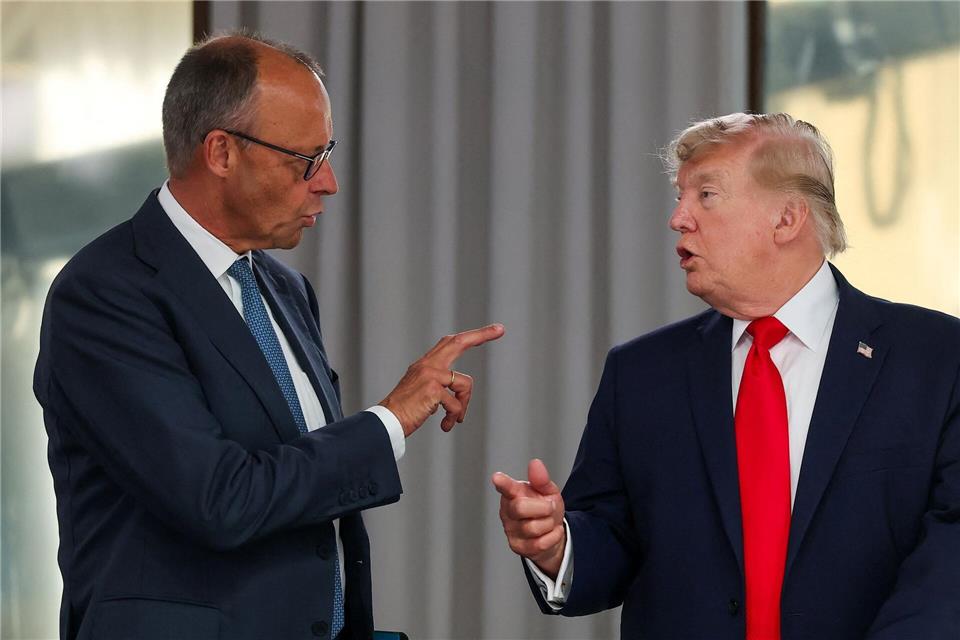 Trump warf Deutschland jüngst wieder zu niedrige Verteidigungsausgaben vor: Kanzler Merz erwiderte, Deutschland verdoppele gerade seinen Verteidigungsetat innerhalb vier Jahren. (Archivbild)Christian Hartmann/Pool Reuters/AP/dpa