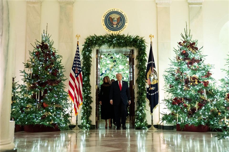 US-Präsident Donald Trump (r) und First Lady Melania Trump betreten in Washington die Cross Hall.Allison Robbert/AP/dpa