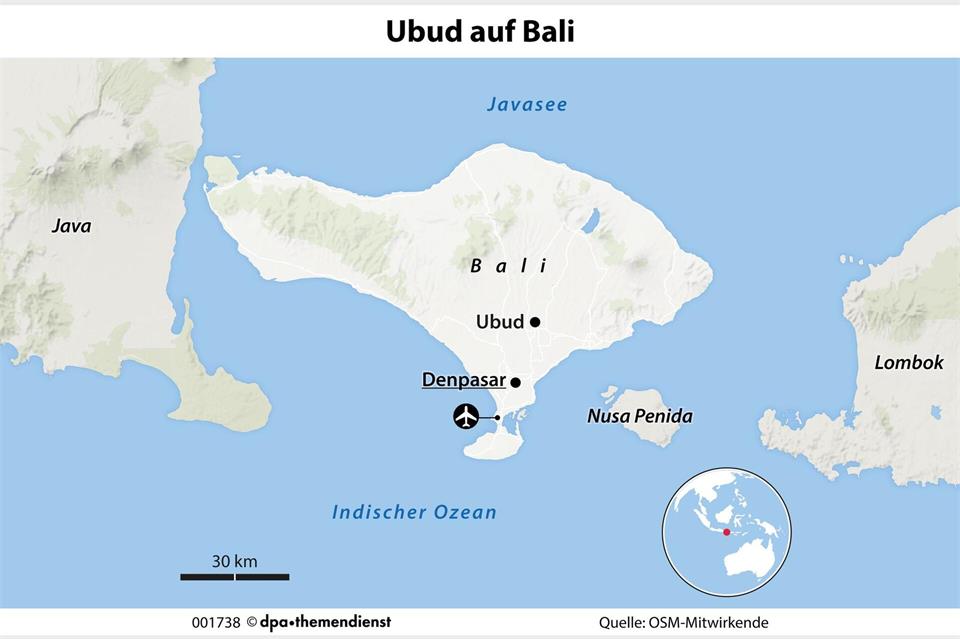 Ubud ist knapp 30 km von Denpasar entfernt und gilt als kulturelles Zentrum Balis.dpa-infografik/dpa-tmn