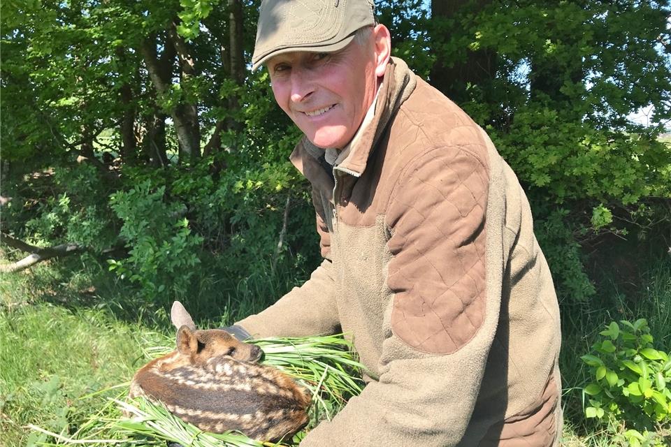 Ulrich Grunewald zeigt ein Kitz, das bei der Aktion gerettet werden konnte.