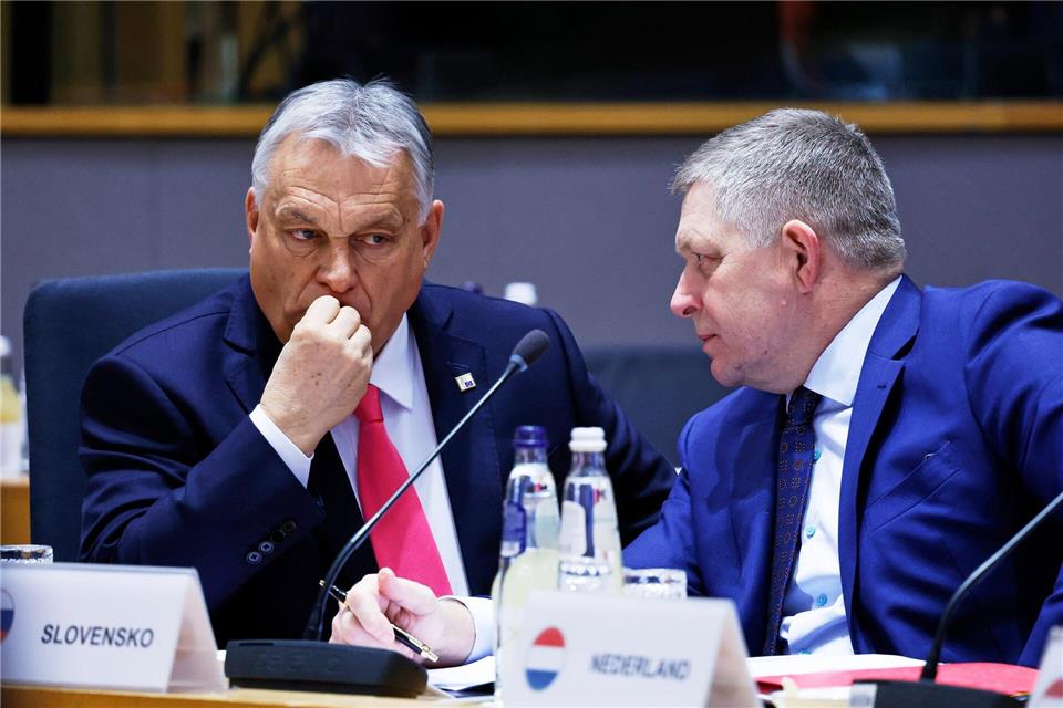 Ungarns Ministerpräsident Viktor Orban (l) und der slowakische Ministerpräsident Robert Fico blockierten gemeinsam die neuen EU-Sanktionen gegen Russland. (Archivbild)Omar Havana/AP/dpa