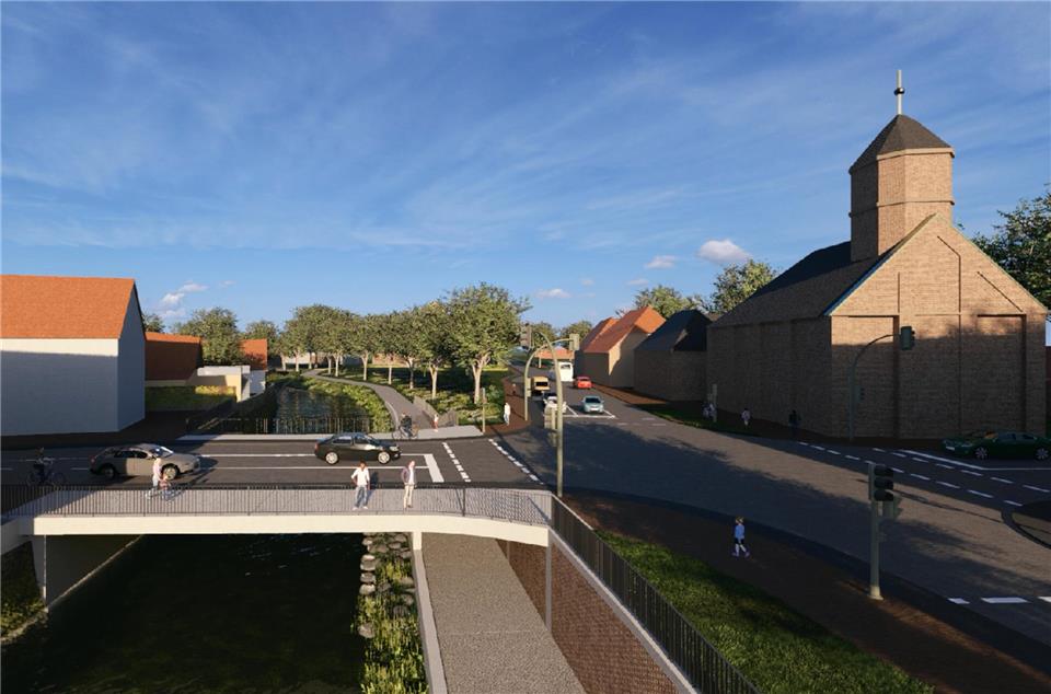 Unterhalb der Brücke der Ahauser Straße soll neben der Aa auch ein Radweg verlaufen, der bei Hochwasser als zusätzliche Überflutungsfläche dient. Rechts im Bild die Kreuzung zur Coesfelder Straße und die evangelische Johanneskirche.