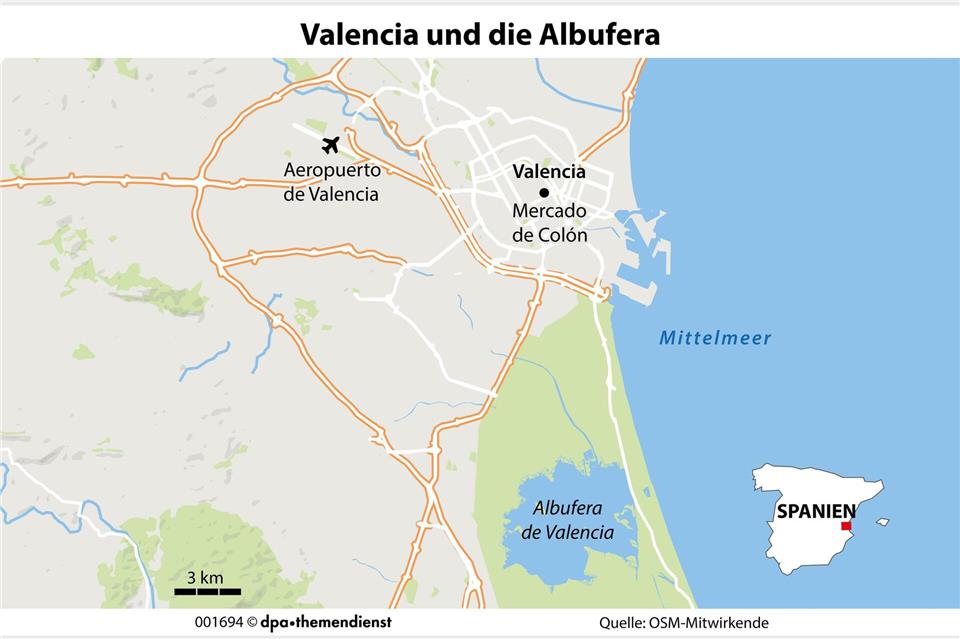 Valencia ist die Heimat des beliebten Reisgerichts Paella. Die Anfänge liegen ein paar Kilometer weiter südlich, in der Albufera - ein Naturpark mit einem Süßwassersee, dessen Wasser die umliegenden Reisfelder speist. dpa-infografik/dpa-tmn