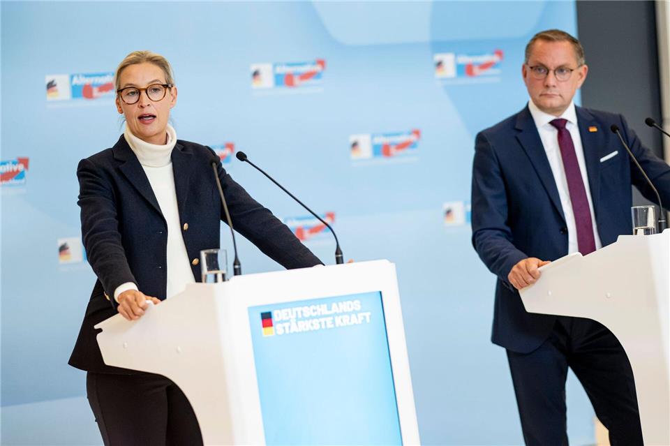Versammeln die Bundestagsfraktion zur Klausur in Cottbus: Die AfD-Partei- und Fraktionschefs Alice Weidel und Tino Chrupalla. (Archivbild)Fabian Sommer/dpa