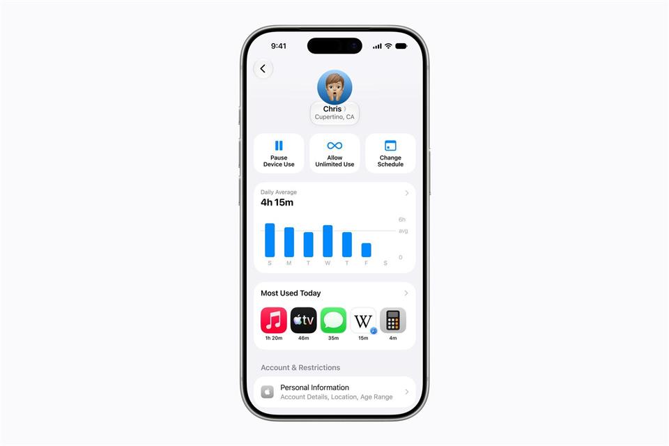 Voller Durchblick mit dem neuen Bildschirmzeit-Überblick: Hier können Eltern die durchschnittliche Gerätenutzung sowie die meistgenutzten Apps ihrer Kinder einsehen.Apple Inc./dpa-tmn
