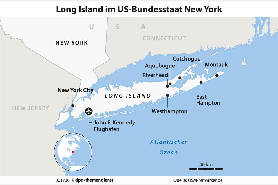 Von New York City bis Riverhead, wo sich die Insel in North Fork und South Fork teilt, sind es rund zweieinhalb Stunden mit dem Auto.dpa-infografik/dpa-tmn