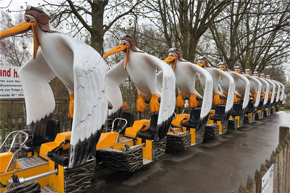 Von den Wagen der Albatrosbahn aus können sich die großen und kleinen Besucher einen Überblick über den Erlebnispark Steinau verschaffen, müssen dabei aber selbst in die Pedale treten, um die Gondeln zu bewegen.Michael Bauer/DPA