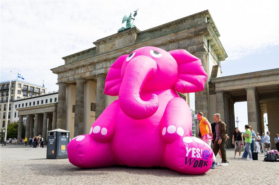 Vor dem Brandenburger Tor macht ein Verein auf die Tabuisierung von Krebs in der Gesellschaft aufmerksam – mit einem rosafarbenen Elefanten.Carsten Koall/dpa