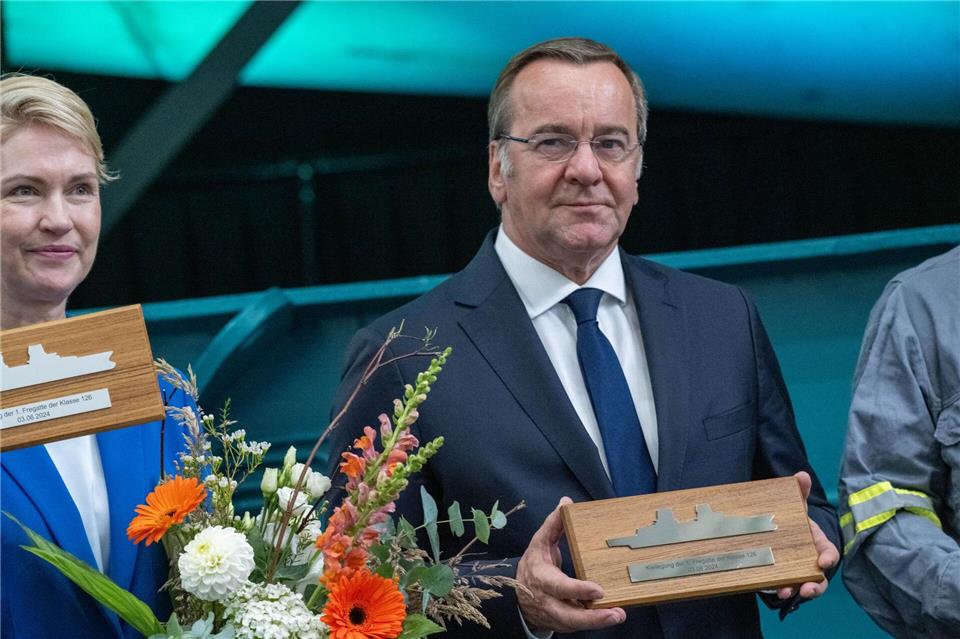 Vor zwei Jahren waren Schwesig und Pistorius gemeinsam bei der Kiellegung der Fregatte F126 „Niedersachsen“ auf der Peene-Werft. (Archivbild)Stefan Sauer/dpa