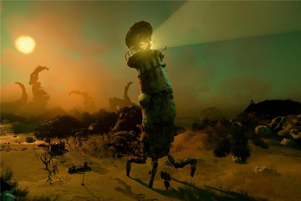 Wackelige Gehversuche: Am Anfang stolpert der Leuchtturm mit seinen neuen Beinen noch etwas unbeholfen durch die Landschaft.Double Fine Productions/Microsoft/dpa-tmn