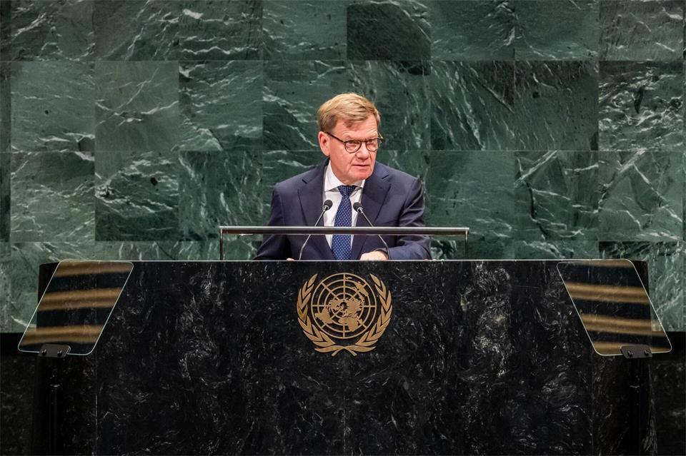 Wadephul bei seiner Rede der UN-Generaldebatte.Michael Kappeler/dpa
