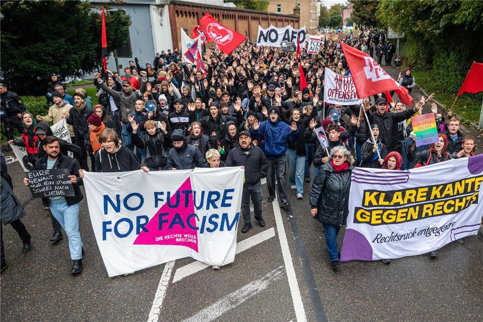 Während die AfD Baden-Württemberg die Liste zur Bundestagswahl aufstellt, wird draußen demonstriert.Christoph Schmidt/dpa