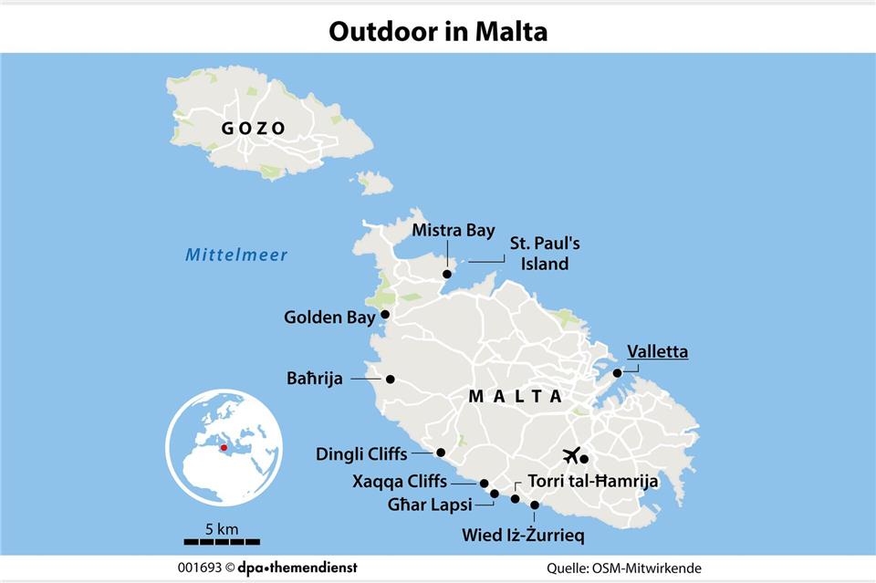 Wandern, Paddeln, Klettern: Die idyllischen Steilküsten und Buchten in Malta sind ideal für einen aufregenden Outdoor-Urlaub.dpa-infografik/dpa-tmn