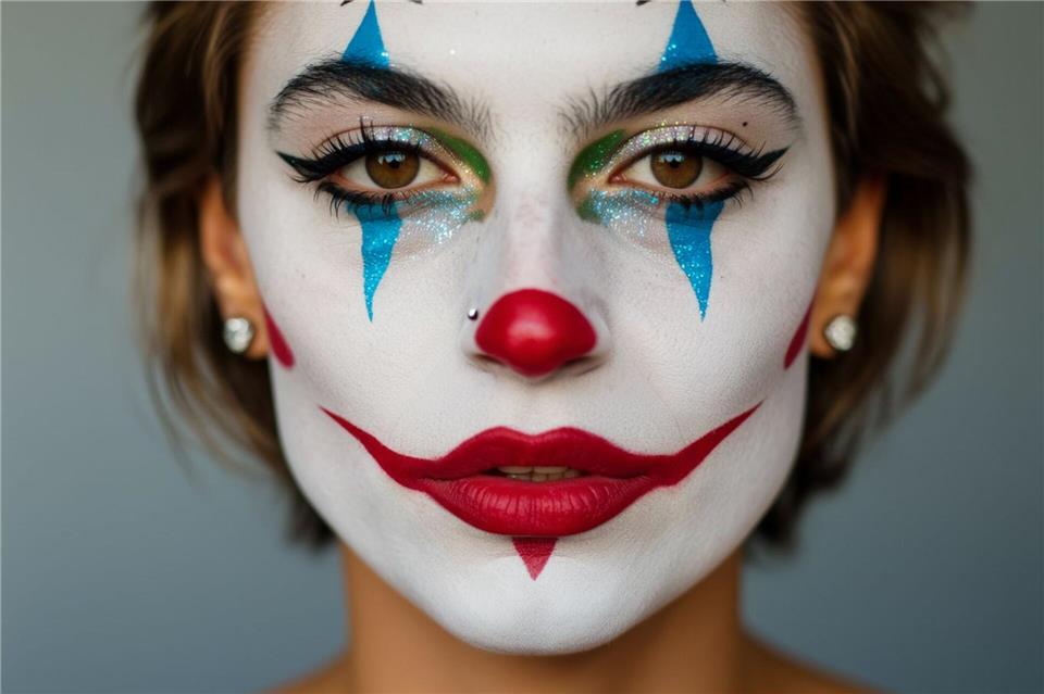 Weiße Grundierung, überzeichnete rote Lippen und bunte Akzente prägen den klassischen Clown-Look.Lukas Wythe/dpa-tmn