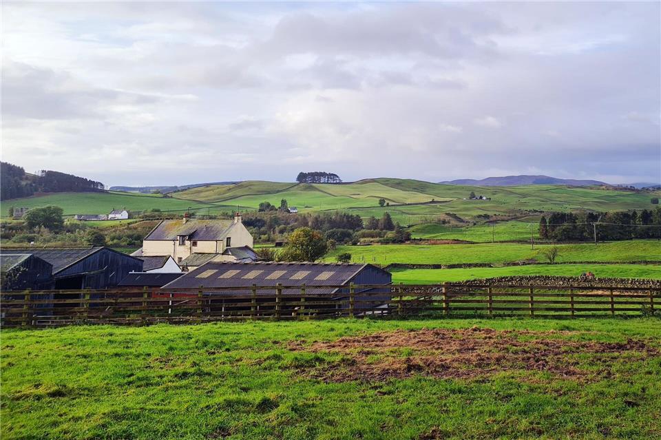 Welliges Land und mittendrin die Wohngebäude und Offenställe der Low Kirkbride Farm.Dörte Nohrden/dpa-tmn