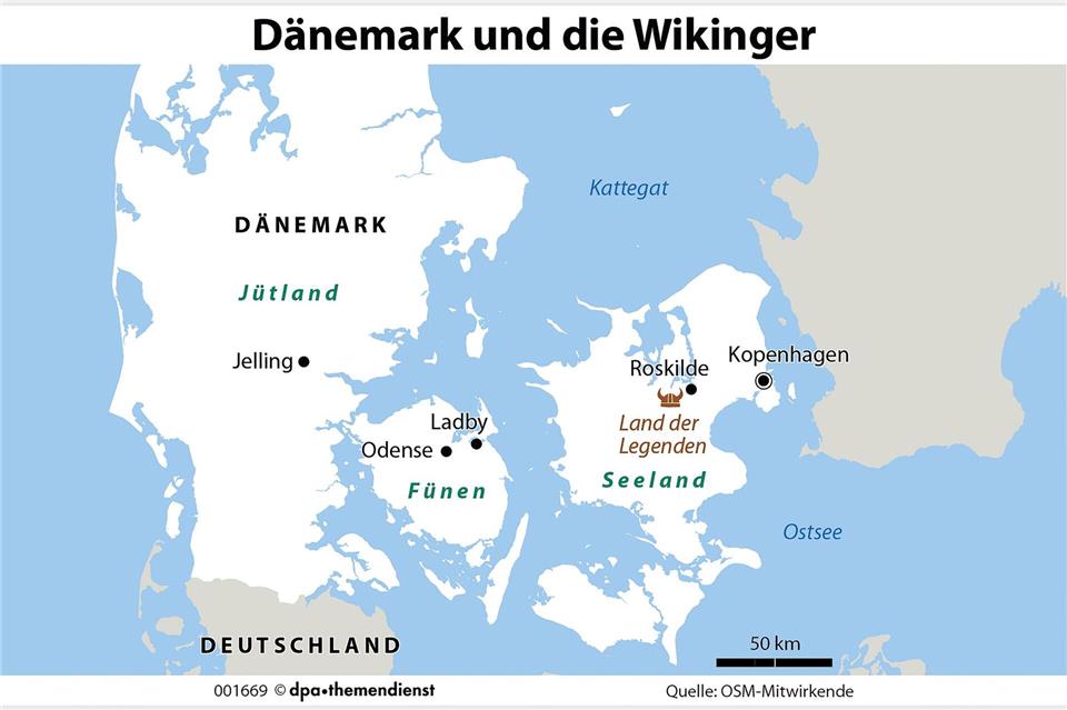 Wer Dänemark auf den Spuren der Wikinger erkunden will, kann in Jeling starten. Odense, Ladby, Roskilde und der Freiland-Erlebnispark „Land der Legenden“ sind weitere lohnenswerte Orte - alles liegt nur wenige Stunden Autofahrt beieinander.dpa-infografik/dpa-tmn