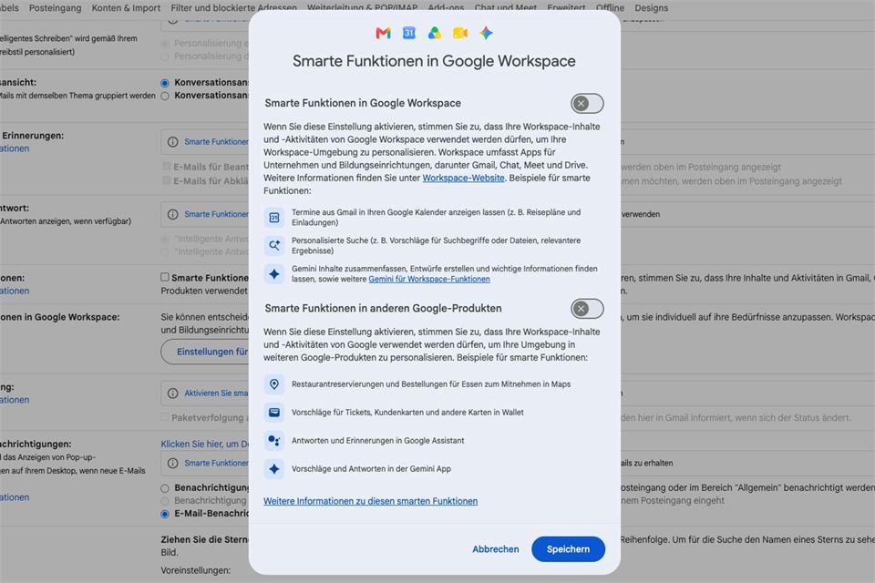 Wer KI und Gemini nicht in Gmail und anderen Google-Diensten duldet, kann die „smarten Funktionen“ leicht abschalten.Google/dpa-tmn