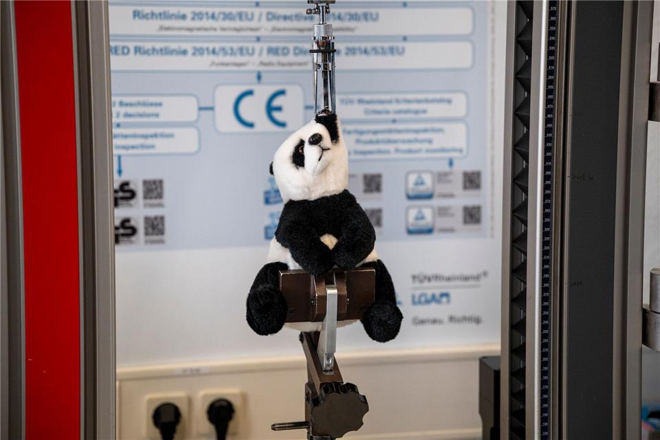 Wie stark kann ein Kind am Auge eines Teddybären ziehen, bis das Auge abreißt? Die TÜV-Tester finden es heraus.Daniel Vogl/dpa