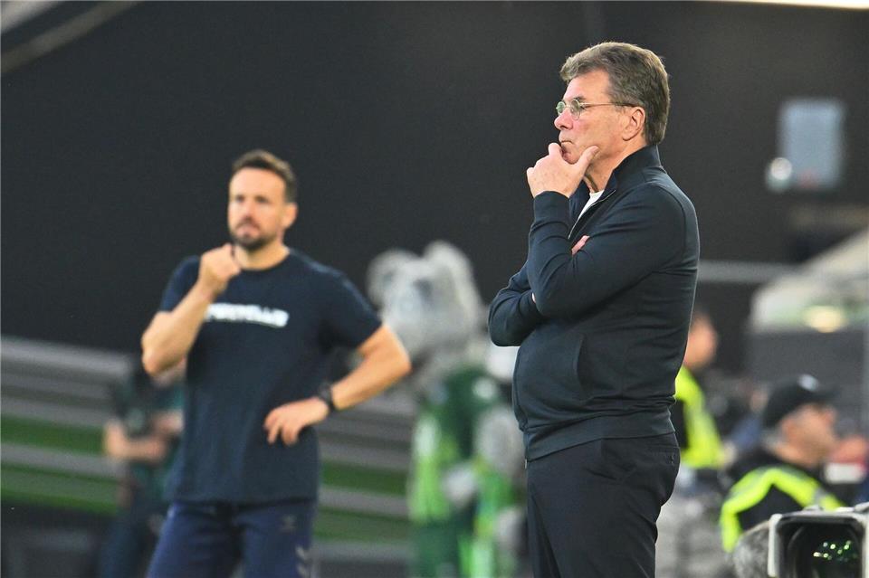 Wolfsburgs Trainer Dieter Hecking (r) und sein Paderborner Kollege Ralf Kettemann. Swen Pförtner/dpa