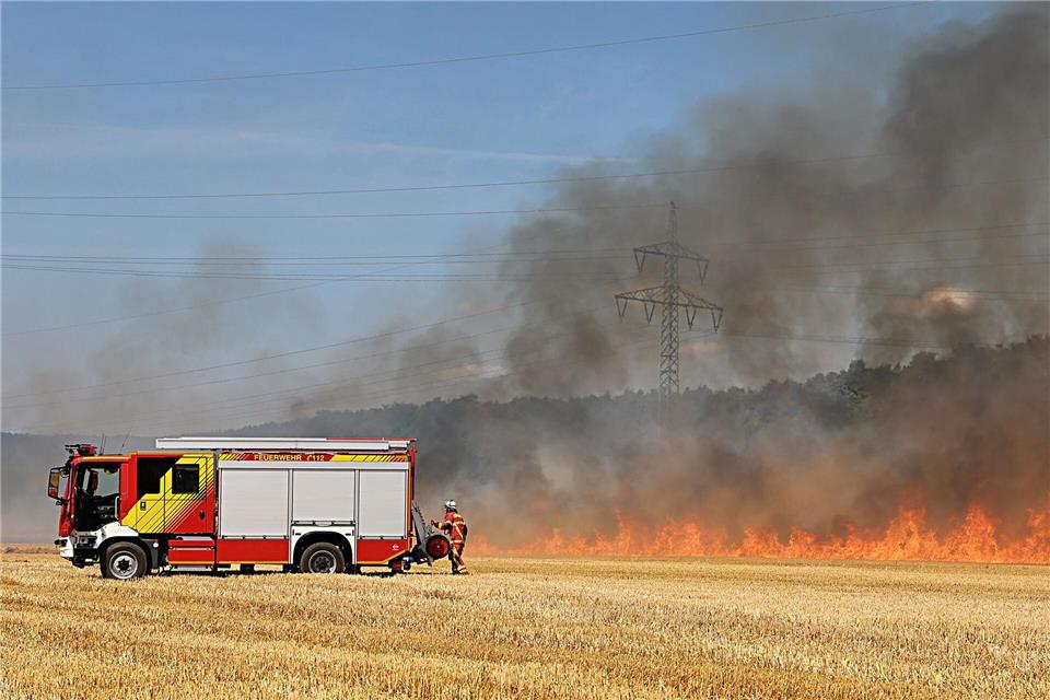 Zahlreiche Feuerwehrleute waren bei Hitze im Einsatz, um den Flächenbrand zu löschen.Ralf Hettler/dpa