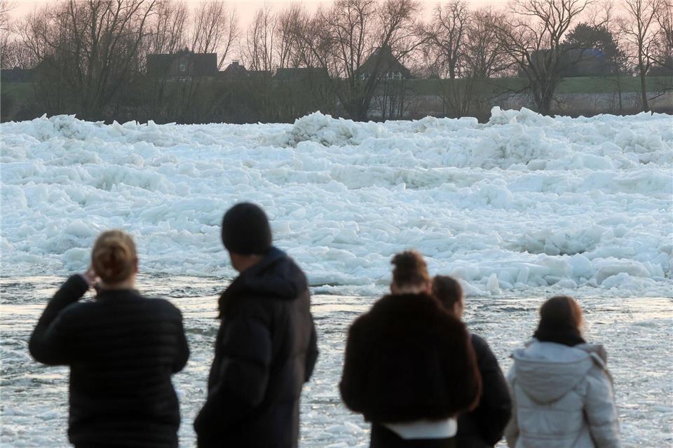 Zahlreiche Menschen nutzten das Wochenendende, um an der Elbe ein seltenes Naturspektakel zu bewundern: Eisberge auf dem Fluss.Bodo Marks/dpa