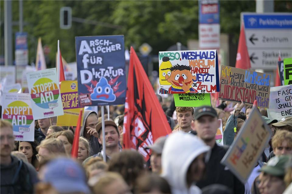 Zehntausende Menschen demonstrieren gegen den AfD-Bundesparteitag in Erfurt.Jacob Schröter/dpa