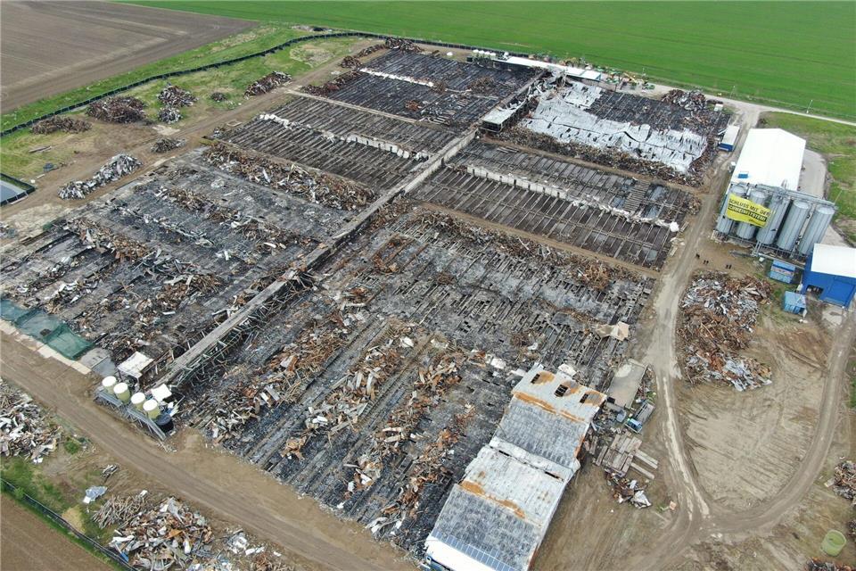 Zehntausende Tiere verendeten 2021 beim Brand in Alt Tellin. (Archivbild)Stefan Sauer/dpa-Zentralbild/dpa