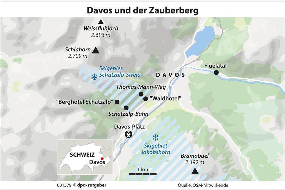 Zum Themendienst-Bericht „100 Jahre „Der Zauberberg“ - Mit Hans Castorp durch Davos“ von Stefan Weißenborn vom 14. Oktober 2024: Am 20. November 1924 erschien Thomas Manns epochaler Roman. Sein Titel ist zum Kosenamen des Schweizer Luftkurortes geworden.dpa-Infografik Gmbh/dpa-tmn