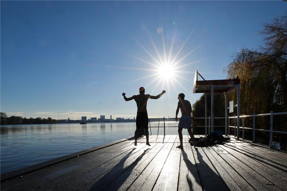 Zwei junge Männer haben Spaß beim Eisbaden in Hamburg an der Alster.Christian Charisius/dpa